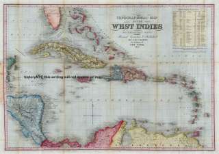 1853 LARGE COLOR WALL MAP WEST INDIES CUBA CARIBBEAN  