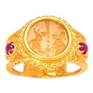   Gold Yellow Venetian Glass Cameo and Pink Tourmaline Ring, Size 7.5