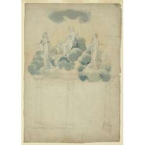  Allegorical scene of female figures in clouds atop columns 