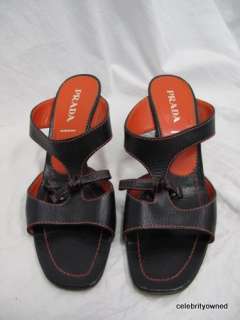 Prada Black Leather Cut Out Slip On Open Toe Heels 37.5  