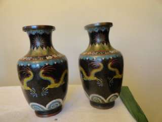 PAIR JAPANESE / CHINESE cloisonne DRAGON vases 9in x 5in GENUINE 