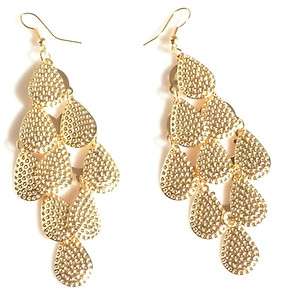 Fashion Long Gold Tone Carved Water Drop Dangle Chandelier Earrings 