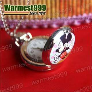 Cartoon Mickey Mouse quartz pocket watch pendant chain necklace + gift 