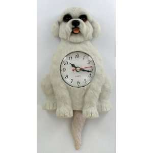    White Bichon Dog Pendulum Wall Clock Tail Wags