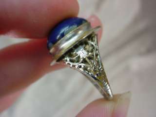 Antique COSTUME JEWELRY RING Filigree Chromium & Blue Stone Size 6 