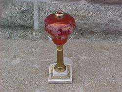   GLASS CRANBERRY CUT TO CLEAR OIL LAMP GRAPE & VINE MARBLE BASE  