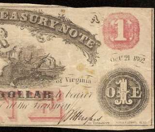 Oct, 21 1862 $1 DOLLAR BILL RICHMOND VIRGINIA TREASURY NOTE S/N 63662 