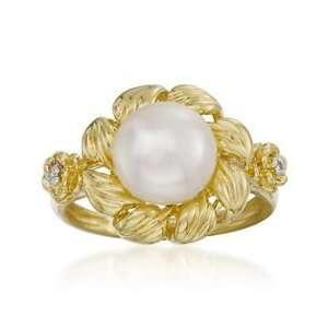  9.5 10mm Cultured Pearl Flower Ring With Diamonds In 