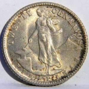 US PHILIPPINES 1944 D silver 20 Centavos, Denver Mint, lot Ph 98; UNC 