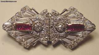 Art Deco 18k Diamonds Rubies Double Brooch Clip  