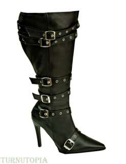Black Wide Calf Pointy Toe Strapped Plus Size Fashion Boots Gothic 