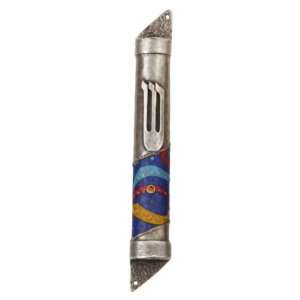  Semicircle Pewter Mezuzah with Orange Bead, Stripes and 