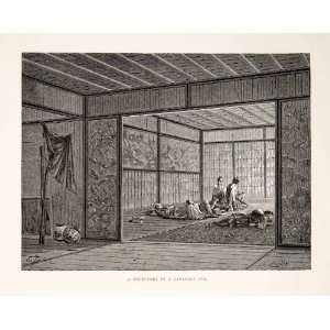  1874 Wood Engraving Japan Japanese In Dormitory Sleeping 