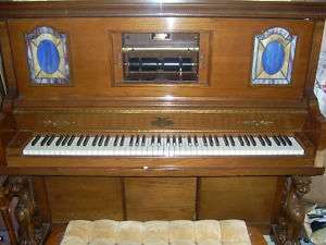 Oak Player Piano, Art Deco Style, Bench & Tiffany Glass  