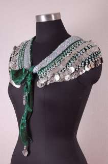Belly Dance Green Sequined Velvet Silver Coin Hip Scarf  