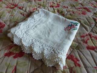 Vintage white linen embroidered tablecloth + lace trim  