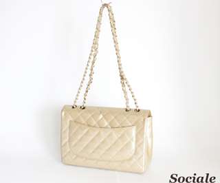 Chanel Beige Gold Patent Leather Classic Timeless Jumbo Flap Bag 