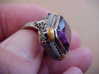 Antique Filigree 10k Ring Amethyst Enamel Faux Pearls SZ 6 NR  