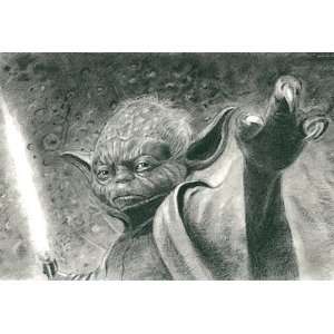  Yoda of Star Wars Portrait Charcoal Drawing Matted 16 X 