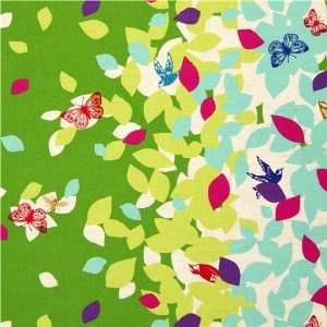  green echino canvas fabric leaves & birds from Japan