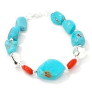    Sterling Silver 8 Turquoise & Coral Nugget Bracelet Jewelry