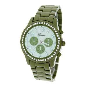  Geneva Womenss Green Metal Band Watch with Baguette 