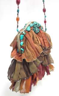 MARY FRANCES Multicolor Ruffle Turquoise Beaded Handbag  