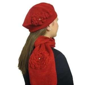  Red Fashionable Flower Beret and Scarf Set