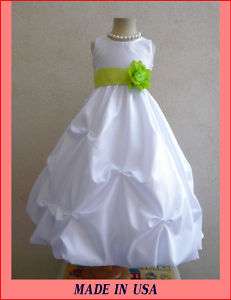 NEW WHITE APPLE GREEN WEDDING FLOWER GIRL DRESS LARGE  