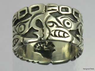 VINTAGE MEXICAN ELABORATE AZTECA DESIGN 925 STERLING SILVER BAND RING 