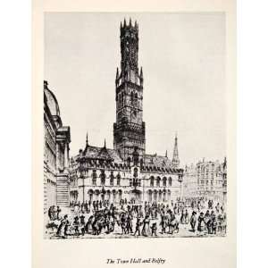  1950 Print Belfort Tower Bruges Belgium Belfry Town City 