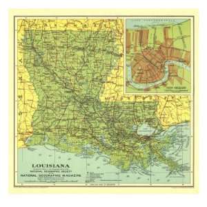 Louisiana Map 1930 Giclee Poster Print, 24x24