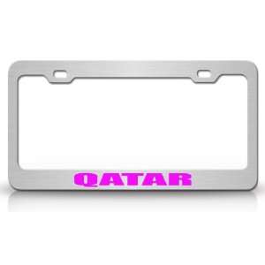 QATAR Country Steel Auto License Plate Frame Tag Holder, Chrome/Pink