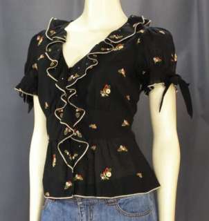   Black Embroidered Floral Top 6 Ruffle Flounce Cotton Blend  