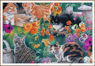 BOOAK Fabric Cat Kitty Kitten Garden Flower Toile Rainbow Bright B&W 