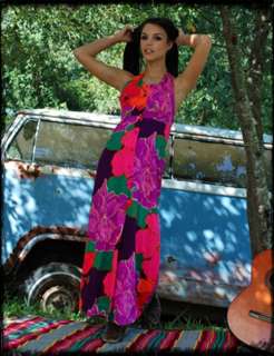 Vintage 60s Neon Halter Huge Floral Empire Maxi Dress  
