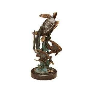  Bronze Single Sea Turtle with Fish Desk Statue