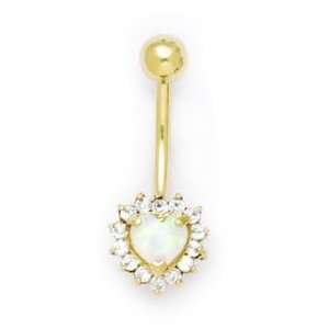    Solid 14k Yellow Gold Zirconia Opal Heart Belly Ring Jewelry