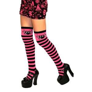 com Punk Rock Pink & Black Striped Thigh High Socks with Spider Logo 
