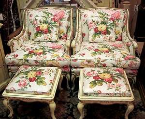   French Provincial Shabby Chic Bergere Chairs w/Ottomans   Floral
