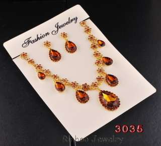 1set Brown Drops Flowers Link Rhinestone Acryl Crystal Golden Necklace 