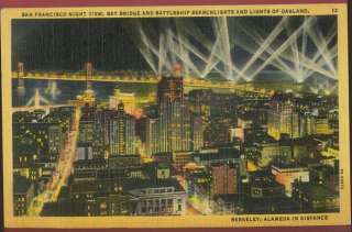 040810A SAN FRANCISCO CA @ NITE BATTLESHIP SEARCHLIGHTS 1945 POSTCARD 