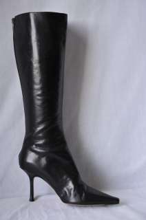 JIMMY CHOO Black Point Toe Tall Leather Knee High Boots Booties Back 