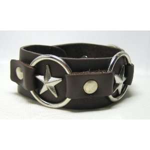   Punk Rock Brown Leather Wrist Band with Stars and Rings Bracelet
