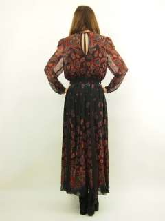 Vtg 70s Blk PAISLEY Floral Sheer BEADED Gypsy Tassel FRINGE Maxi Dress 