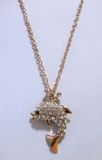 Gold Crown Dolphin Fish Clear Swarovski Crystal LONG Necklace  
