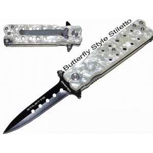   Stiletto Mock Butterfly Style Spring Assisted Knife   White Pearl Ex