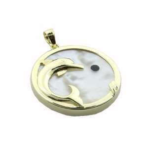  Mother of Pearl Surfacing Dolphin Pendant with Onyx Moon 
