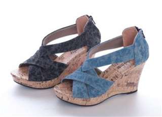 Strappy Denim Blue Chic Wedge Summer Gladiator Sandals  