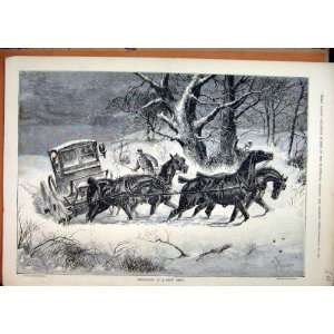  1883 Horses Carriage Struggling Snow Drift Old Print